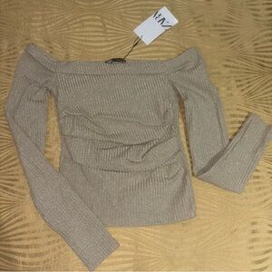 Zara Off-Shoulder Shimmery Gold Ribbed Sweater Top